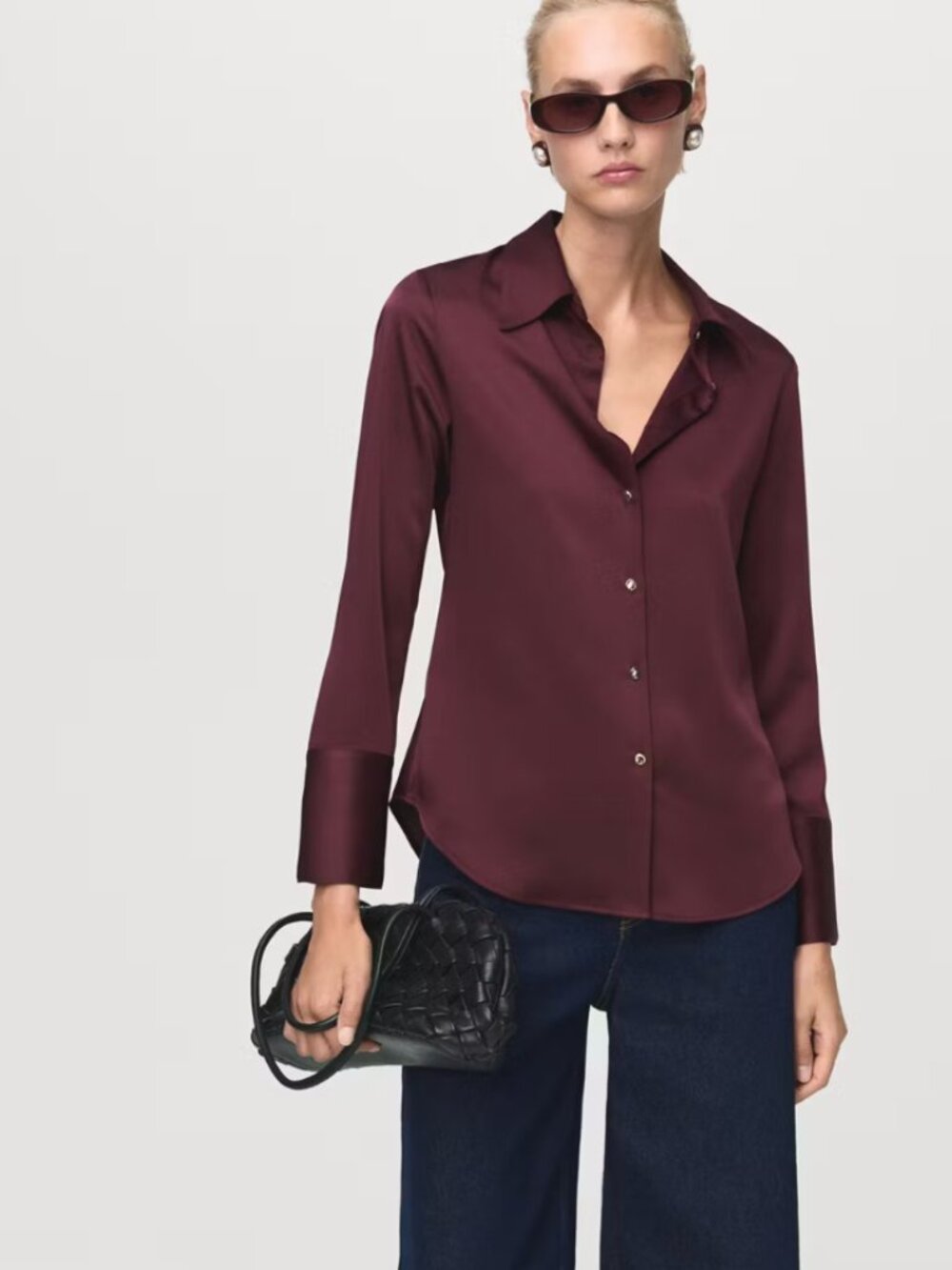 MNG Mango Burgundy Satin Finish Flowy Shirt Size XL NWT